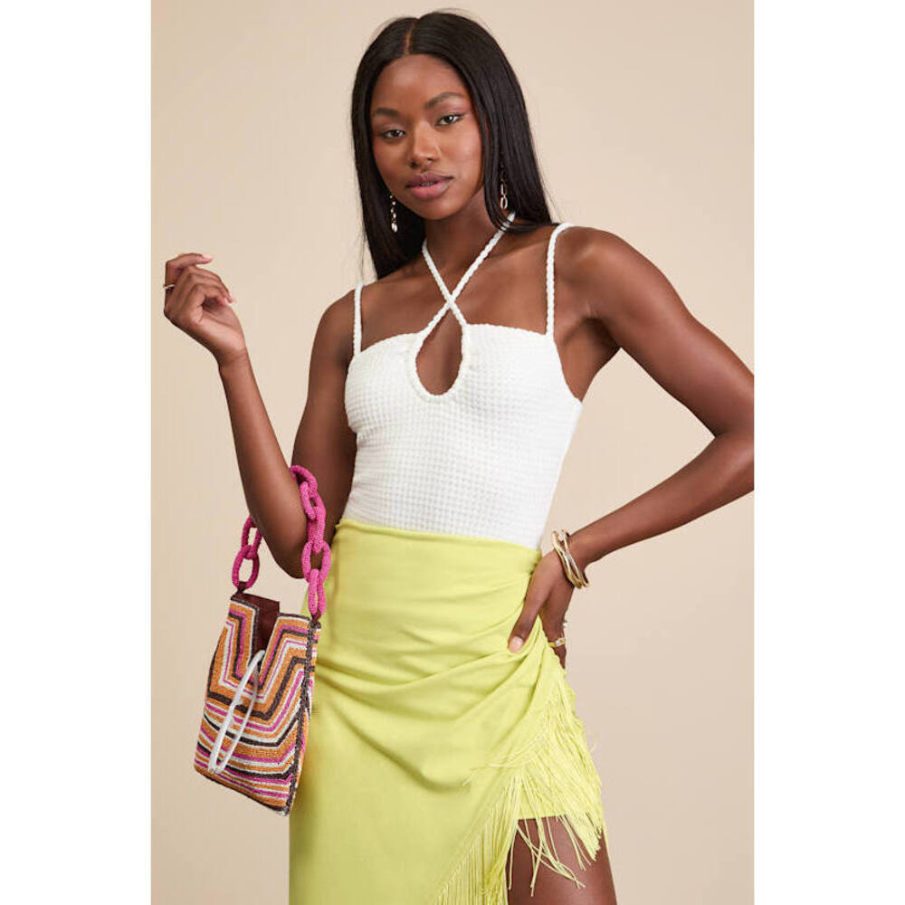 Lulus Lehua White Textured Knit Cutout Bodysuit - Size S